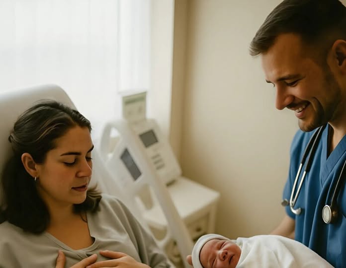 A doctor is assisting a difficult birth of his ex-girlfriend, but the moment he sees the newborn, he freezes in horror